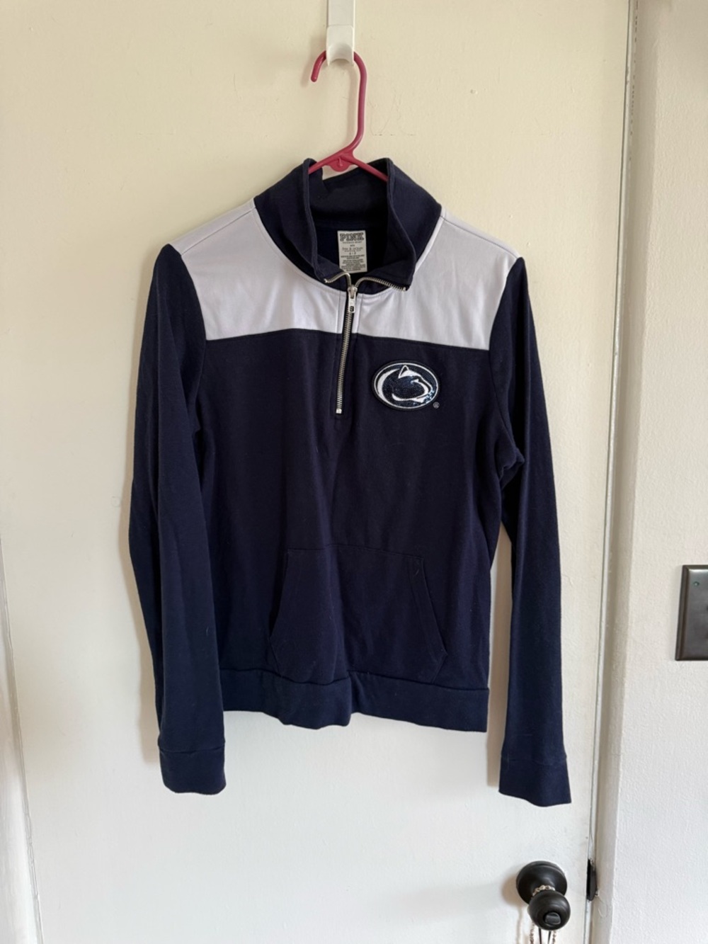 PINK Victoria's Secret Navy and White Quarter-Zip Sweatshirt